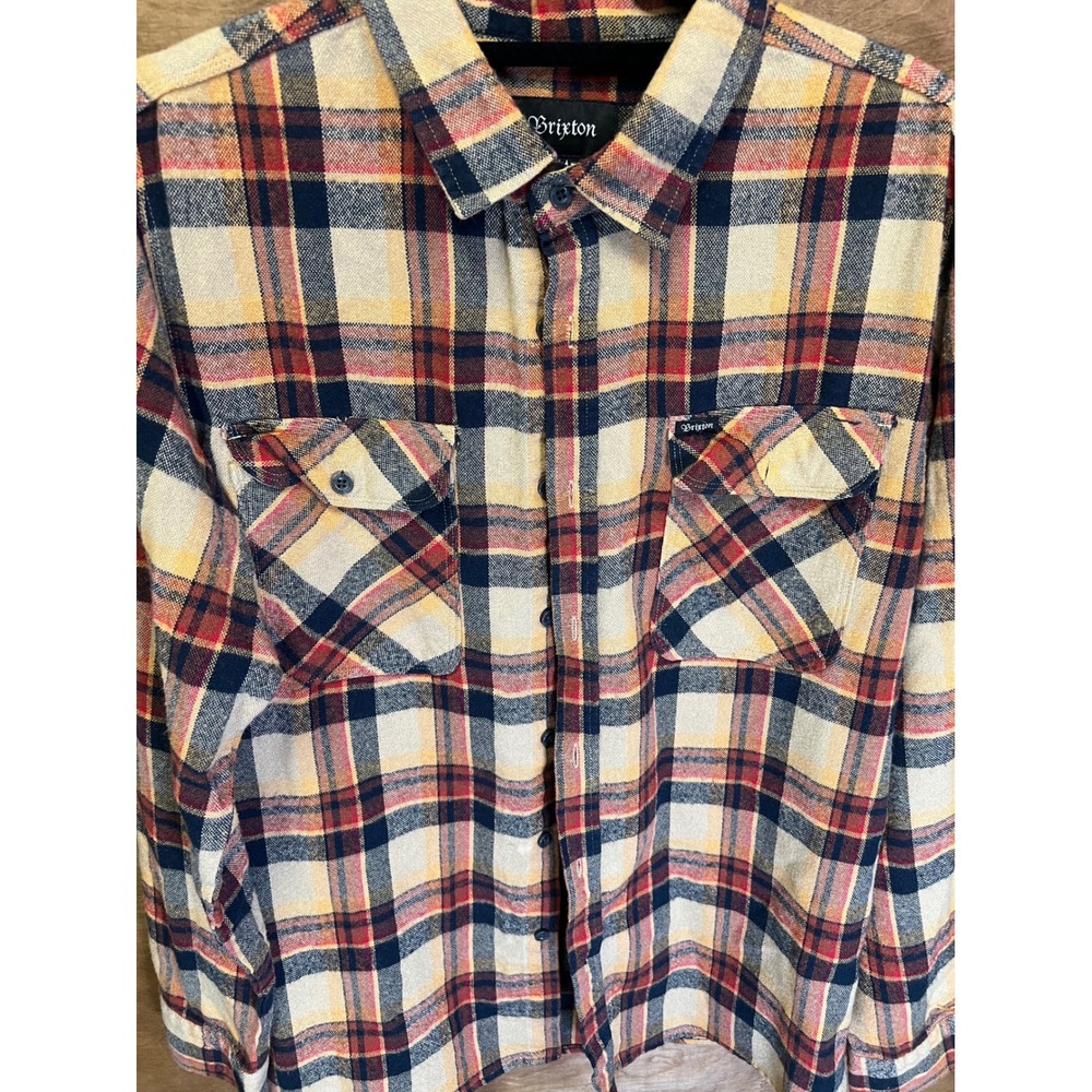 Brixton Mens Bowery Plaid Flannel Button Down Shirt Cream Navy Red Size M